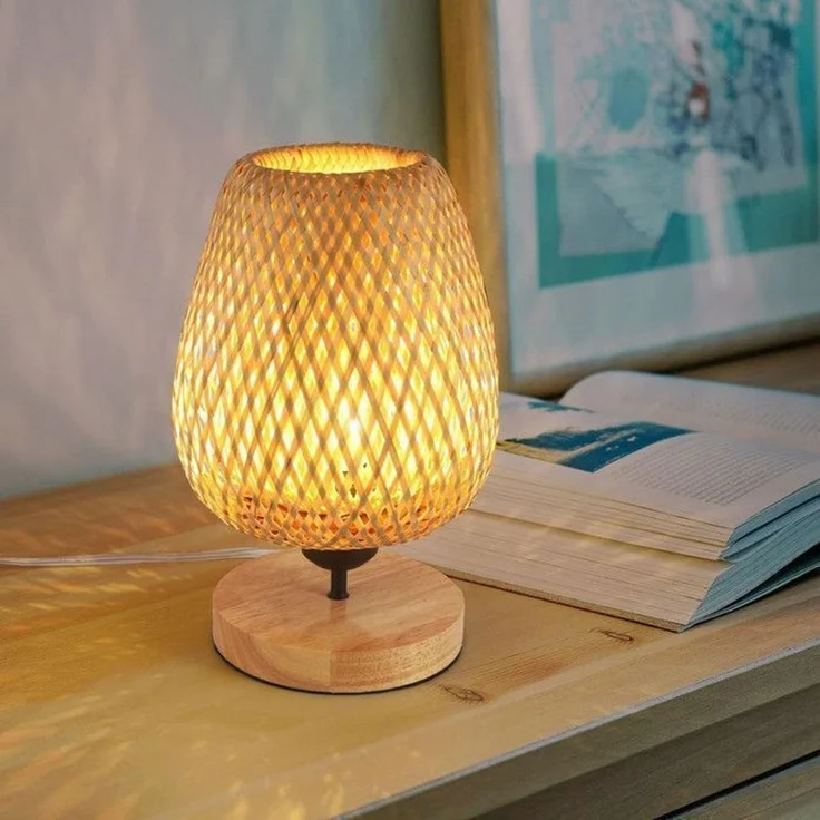 DELIPOP – Rustikale Nachttischlampe – E27 60 W – Natürliches Bambusholz – Für Büro, Wohnzimmer, Schlafzimmer, Küche – Warmes Gelb – 16,5x16,5x30cm – Bild 4