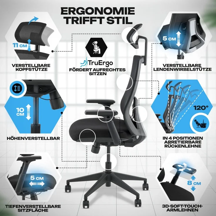 VALKENSTOL M3 PRO SCHWARZ Bürostuhl ergonomisch - 5 Jahre Garantie - Schreibtischstuhl tiefenverstellbare Sitzfläche - 3D Armlehnen - extra bequem – Bild 5