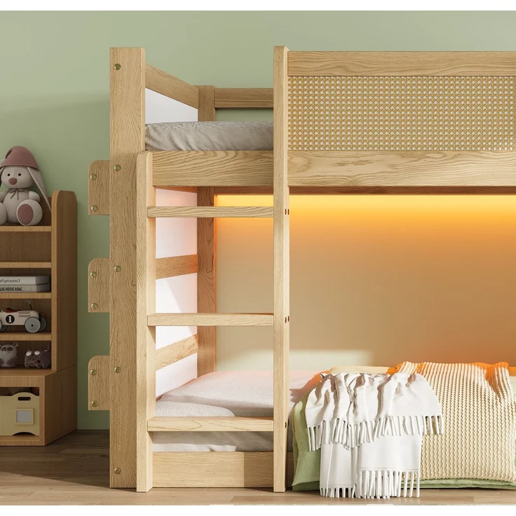 Hochbett mit RGB LED-Streifen, Regal, Rausfallschutz, Lattenrost und Trittleiter, 90x200 cm, Kinderbett, Kiefer – Bild 6