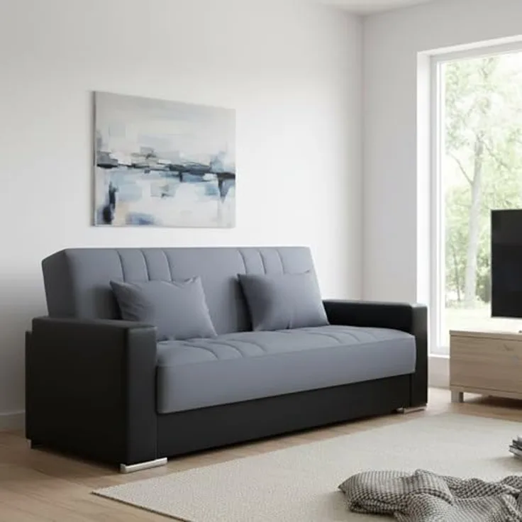 Dmora - 3-Sitzer Schlafsofa Sergio, Sofa mit Stauraum aus Öko-Leder und Stoff, Sofa mit Klick-Klack-Öffnung und 2 Kissen, 230 x 96 x 101 cm, Schwarz und Grau