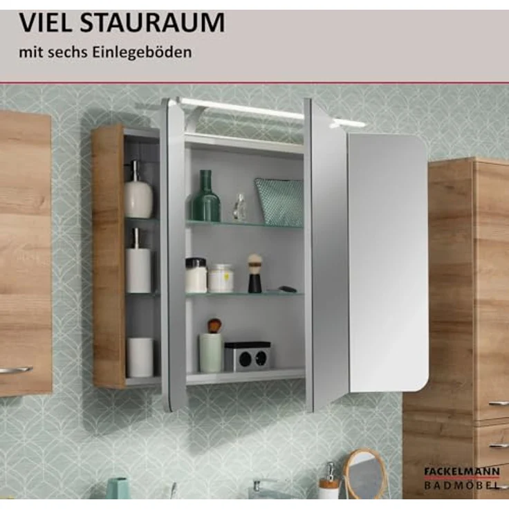 FACKELMANN MILANO Waschtisch Set mit Spiegelschrank 88 cm breit, Braun hell, Waschbecken Keramik Weiß – Bild 7