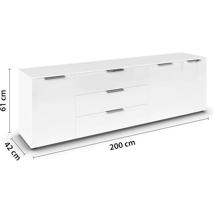 Rauch Möbel Flipp, Sideboard, TV-Schrank, Kommode mit Stauraum, Alpinweiß/Glasfront Weiß, 3-türig, Glastüren, 3 Schubkästen, Griffe Chrom, 199 x 61 x 42 cm – Bild 4