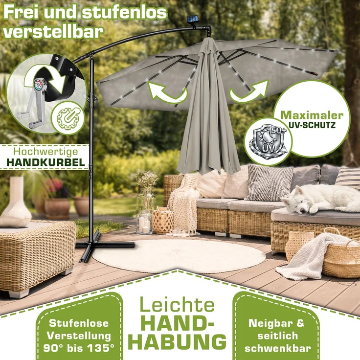 tillvex Alu Ampelschirm Taupe LED Solar Ø 300 cm mit Kurbel | Sonnenschirm mit An-/Ausschalter | Gartenschirm UV-Schutz Aluminium | Kurbelschirm mit Ständer Marktschirm wasserdicht – Bild 3