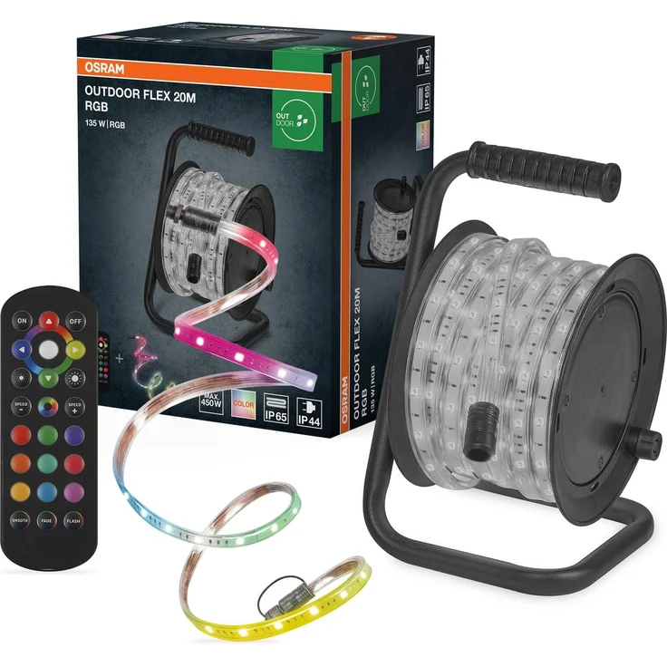 Osram Outdoor Flex RGB LED Streifen 20M IP65, inkl. Fernbedienung, bis 50 m erweiterbar, mit Kabeltrommel, Anschlusskabel, Zubehör