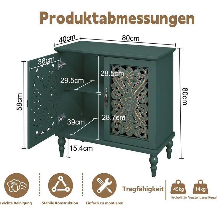 HOLTICO Kommode Vintage Sideboard Buffet Schrank mit Hohle Blumenschnitzerei (1 St), Akzent Schrank Holz Kommoden & Sideboards – Bild 2