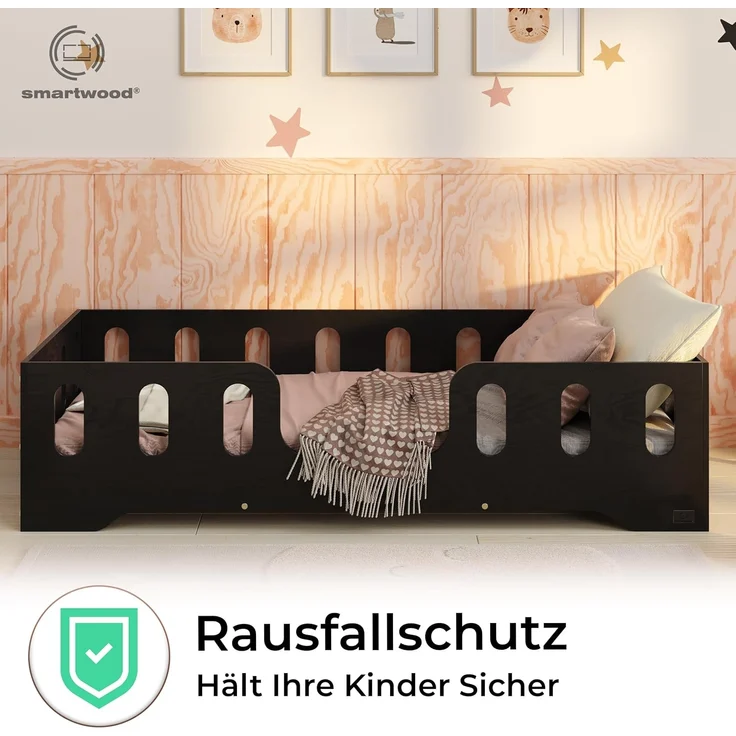 smartwood Kinderbett Bodenbett 90x180 mit Rausfallschutz & Lattenrost - Schwarz - Kinder Montessori Bett TILA 2 mit glatten Kanten - Betten für schnelle Montage - Bis 230 kg belastbar – Bild 5