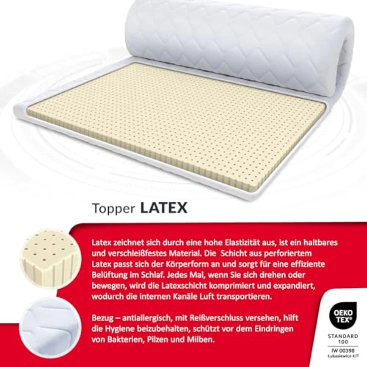 FDM Topper Latex MAX 100x200 cm, Matratzenauflage mit 5 cm Latexschaum H3, antiallergischer abziehbarer Bezug, atmungsaktiv und orthopädisch unterstützend – Bild 4