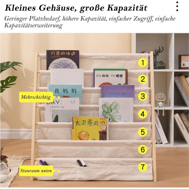 TUWENA Bücherregal Kinder Bücherregal mit 6 Stofffächern,Kinderbücherregal aus Massivholz, Abgerundete & platzsparend Für Kinderzimmer Kindergarten Spielzimmer – Bild 4