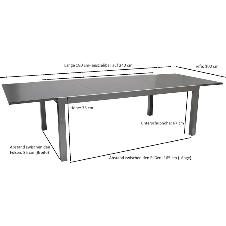 DEGAMO MARINA Garten-Ausziehtisch, Alu + Glas, silbergrau/grau, 180/240x100cm – Bild 2