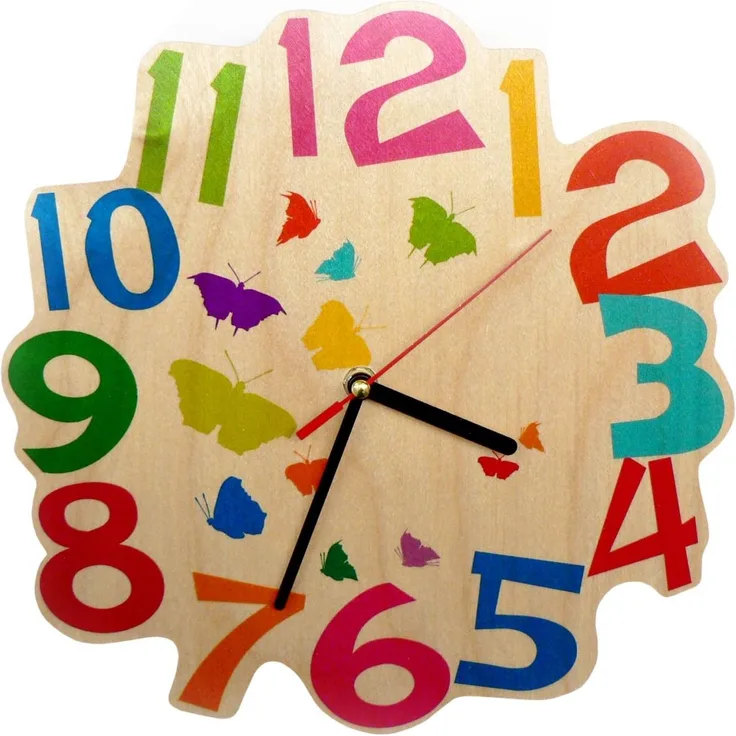 Hess Holzspielzeug 30002 - Wanduhr aus Holz für Kinder, Serie Schmetterling, mit Quarzuhrwerk, handgefertigt, Durchmesser ca. 21 cm, farbenfroher Zeitanzeiger für´s Kinderzimmer
