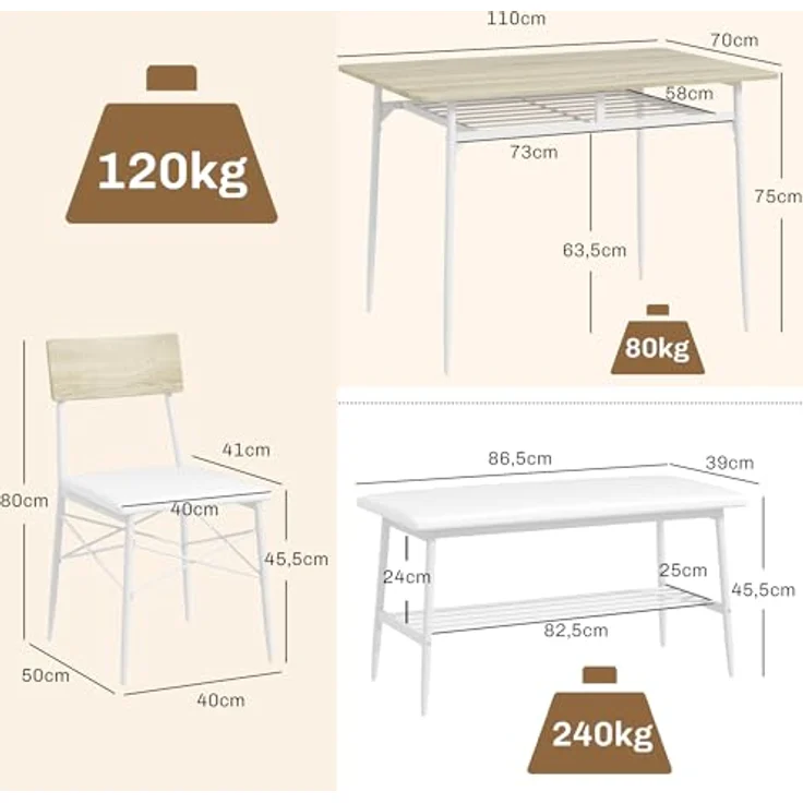 HOMCOM Esstisch-Set, rechteckig aus Eiche und Metall, 110x75x70 cm, inkl. 2 Stühlen und Bank, abgerundete Ecken, praktische Ablagefächer, Kunstlederbezug, für Esszimmer und kleine Küchen – Bild 7