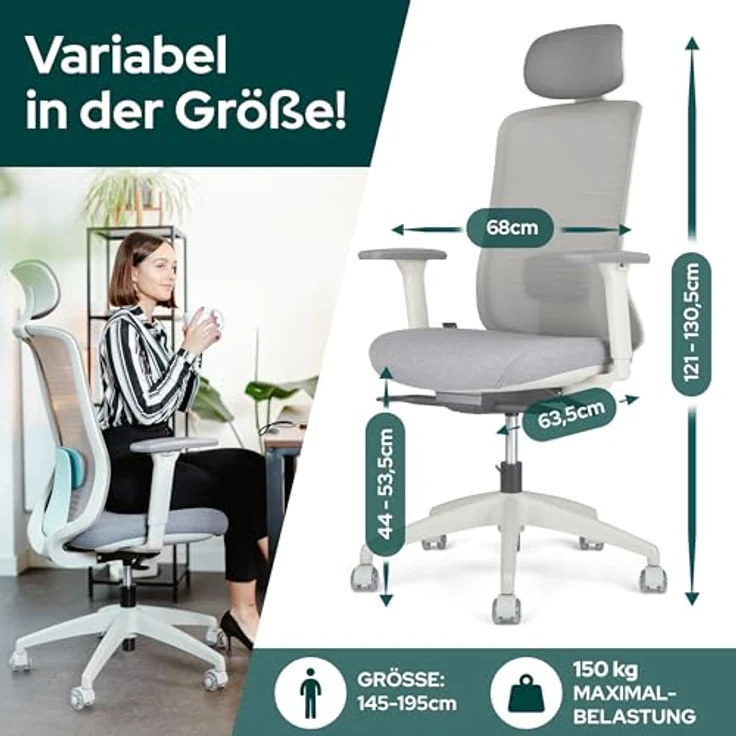 SCHEKKA ErgoPrime Pro Bürostuhl, ergonomisch, IGR zertifiziert, individuell einstellbar, 150 kg, Grau Mint – Bild 2