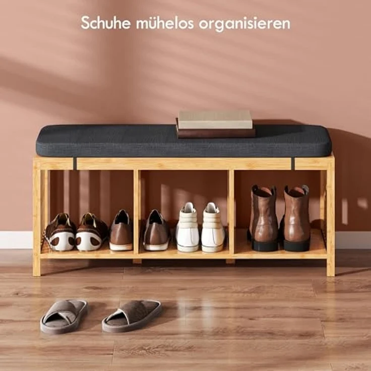 HOMCOM Schuhbank mit Sitzfläche, Schuhregal mit Stauraum, Sitzbank aus Bambus mit offener Ablage, Leinenoptik für Flur und Eingangsbereich, 102 x 33 x 45 cm, Naturholz – Bild 5