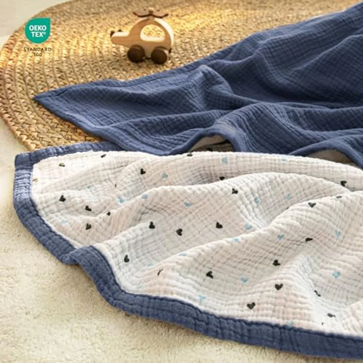 lulumoon Musselin-Babydecke – Baumwoll-Steppdecken für Kleinkinder – wendbare Kinderbettdecke für Babys, Jungen und Mädchen, 120x120 cm (Blau) – Bild 5