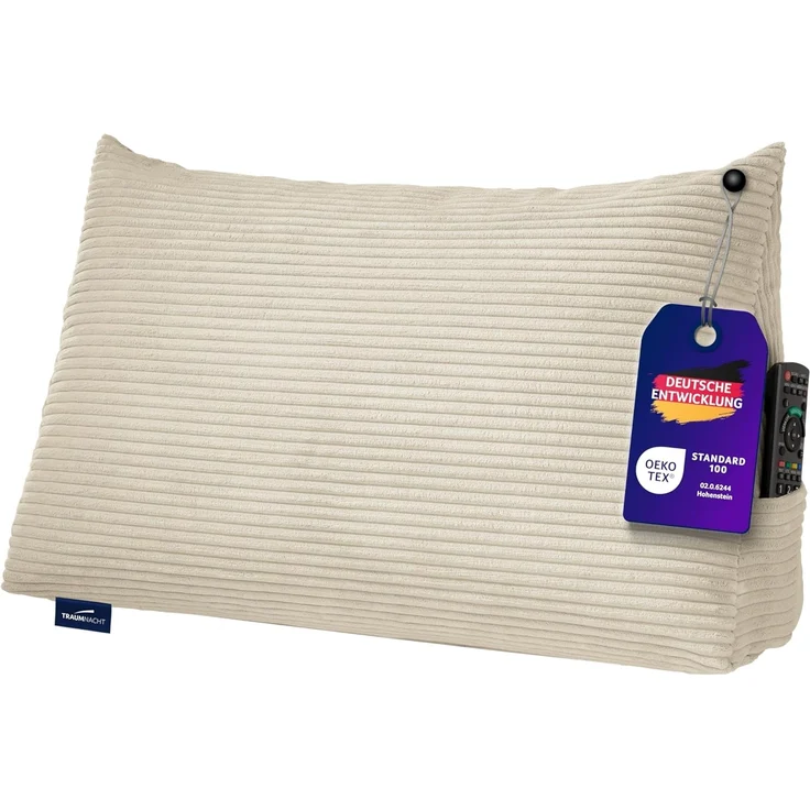 Traumnacht Cozy Rückenkissen, Lesekissen, 70x40 cm, beige, Abnehmbarer,waschbarer Bezug aus gemütlichem Kord, praktisches Seitenfach, Öko-Tex Zertifiziert, produziert nach deutschem Qualitätsstandard – Bild 1