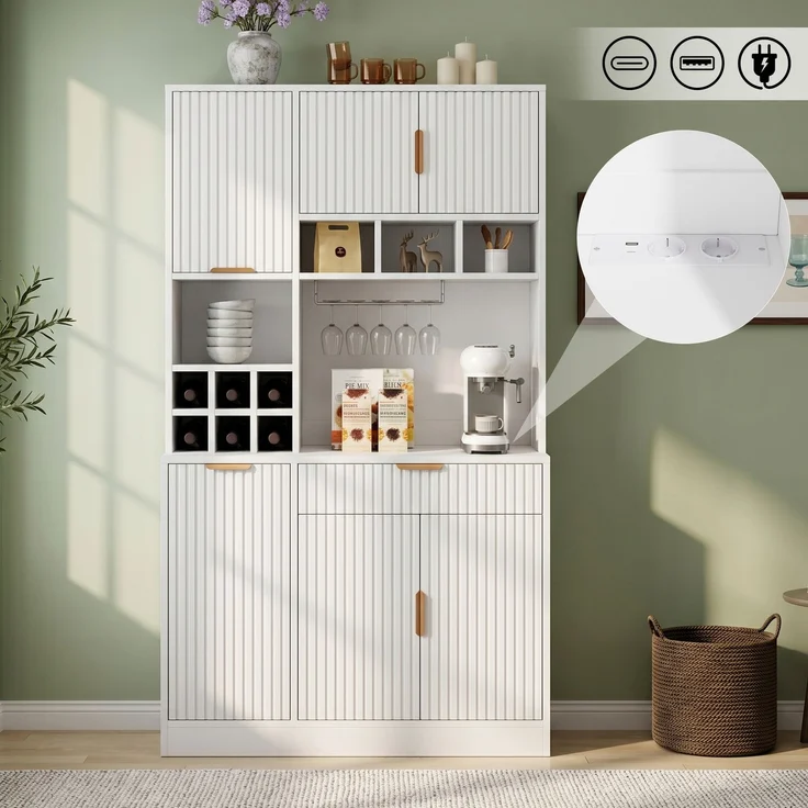 EINHOM Buffetschränke, Esszimmer-Hochschrank 100 x 40 x 175 cm, Mehrstufigem Stauraum, Integrierter Steckdose sowie USB-C- und USB-A-Anschlüssen, Inklusive Weinglasablage und Flaschenaufbewahrung, Weiß – Bild 1