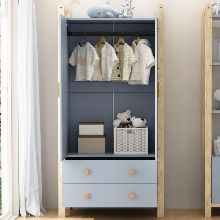 CHICFURN Kleiderschrank-Set 2-tlg. 160x180,5x44 cm mit Kleiderstange und Schubladen – Blau/Natur