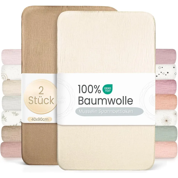 lulumoon Musselin Stubenwagen Spannbettlaken Set: Kinderwagen Matratzenbezug für Beistellbett und Wiege 100% Baumwolle 90x40 cm 2er Pack (Weiß Gelb)