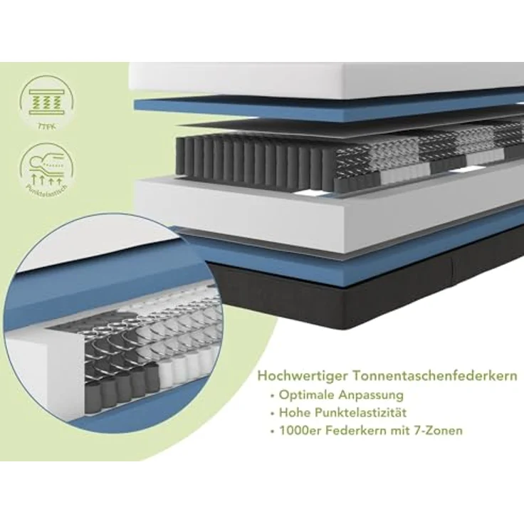 DREAMSTAR Premium 7-Zonen Taschenfederkern Matratze, H4, 80 x 200 cm, 22 cm hoch, Doppeltuch-Bezug, abnehmbar und waschbar bis 60°C, produziert in Deutschland – Bild 3