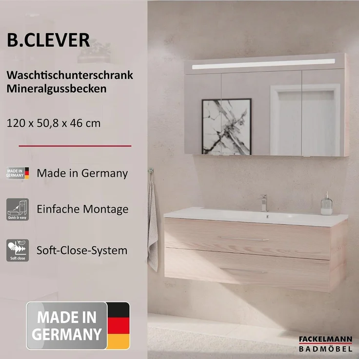 FACKELMANN B.CLEVER Waschbecken mit Unterschrank 120 cm breit, Braun hell, Waschbecken Gussmarmor Weiß – Bild 2