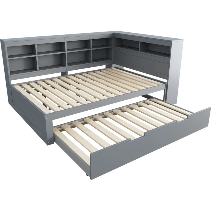 Massivholz Doppelbett 140×200 mit Ausziehbett 90×190, USB-Ladestation & Stauraum, multifunktionales Schlafsofa,Grau – Bild 7