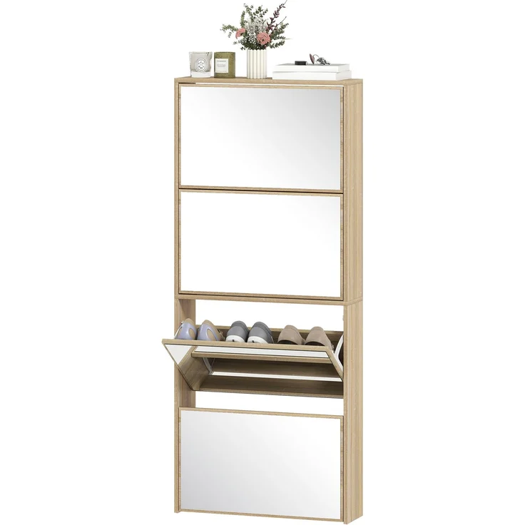 Spiegel-Schuhschrank mit 4 Türen, kippsicher, aus Holz, 63 x 17 x 146 cm, Farbe: Holz – Bild 2