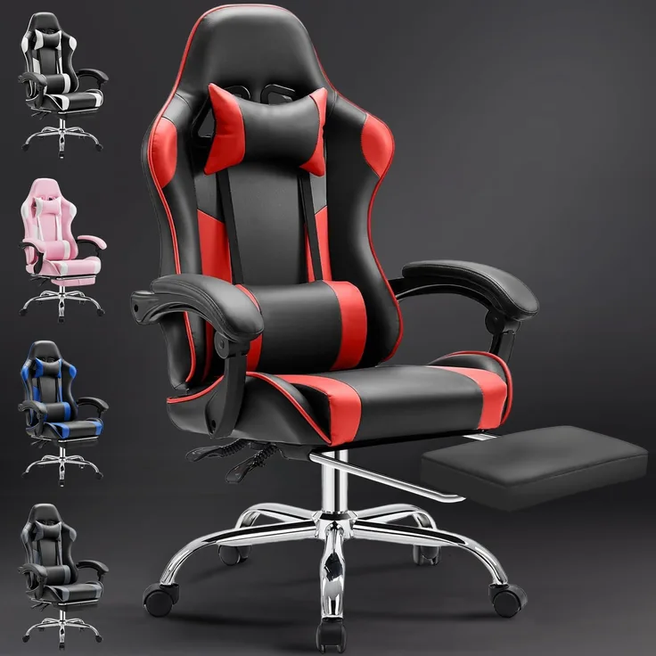 DUMOS Ergonomischer Gaming Stuhl mit Fußstütze Atmungsaktiver PC mit verstellbare Lendenkissen Kopfkissen und Armlehnen 150 kg Belastbarkeit Drehsessel