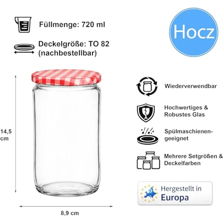hocz 12x Einmachgläser 720 ml | mit Deckel Rot Kariert TO 82 | leere Gläser mit Schraubdeckel zum befüllen | Sturzgläser, Schraubgläser, Marmeladengläser Set | 12 Stück – Bild 2