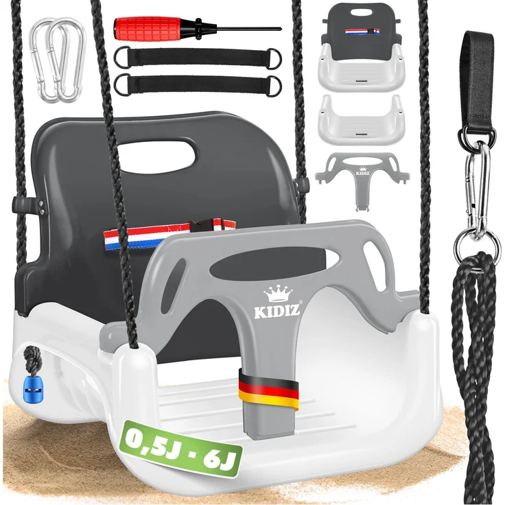 KIDIZ® Babyschaukel, Mitwachsend, mit Rückenlehne und Anschnallgurt, belastbar bis 100kg, Kunststoff Anthrazit, 33 x 24,3 x 35 cm – Bild 9