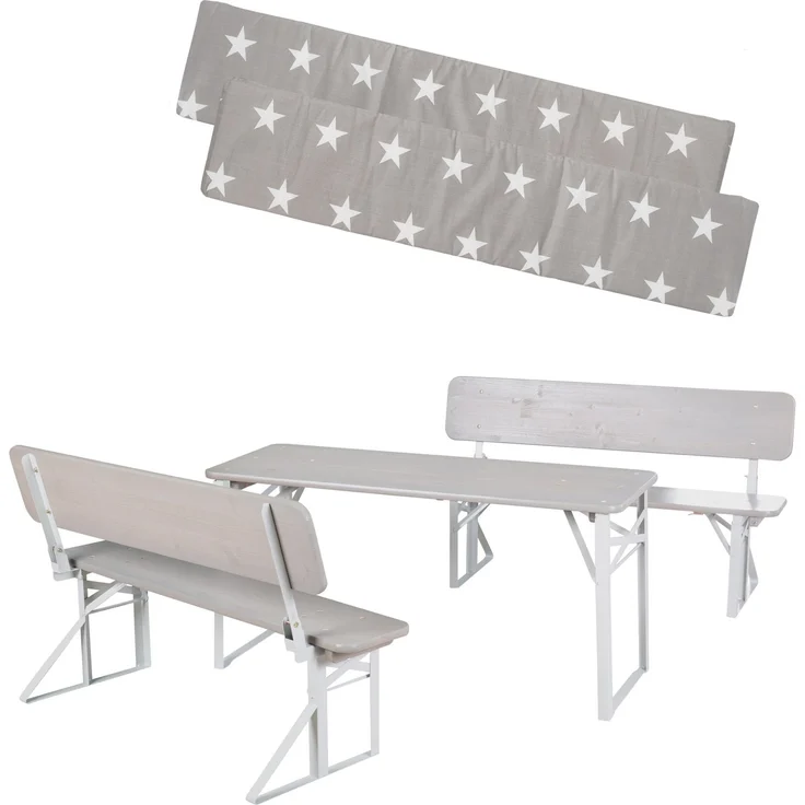 roba Outdoor Party-Garnitur für Kinder + Polster 'Little Stars' - Kindersitzgruppe mit Lehne aus FSC zertifiziertem Holz - 2 Bänke + 1 Tisch - Klappbare Sitzmöbel - Grau – Bild 12