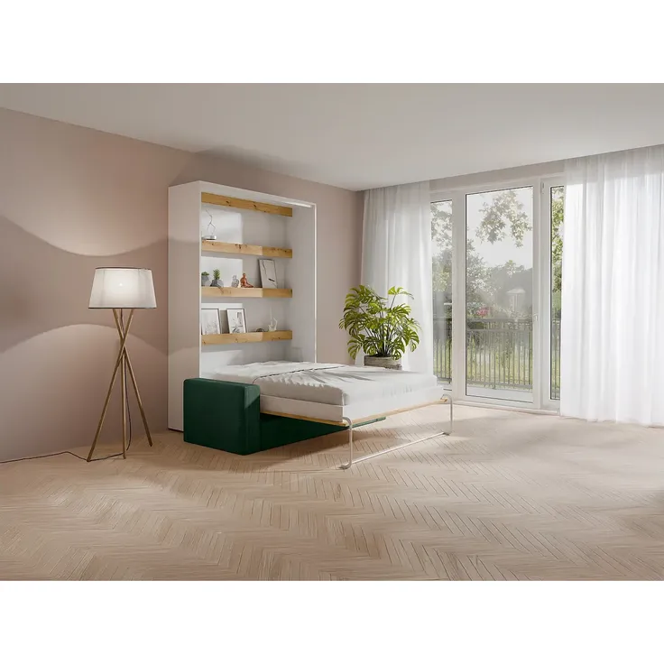 Vente-unique - Schrankbett 140 x 200 cm - Manuelle vertikale Öffnung - Mit LEDs - Weiß und Naturfarben + Matratze + Grünes Sofa - RAPILI – Bild 2