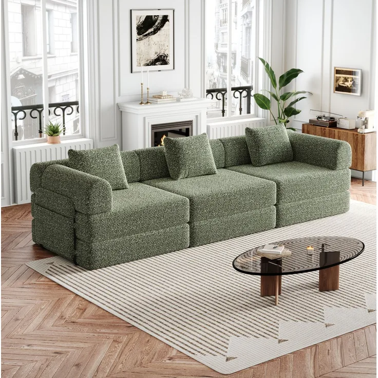 Schlafsofa Chenille 2-in-1 mit Armlehnen-Ablagefach, 274x91,4x69,8 cm, Grün