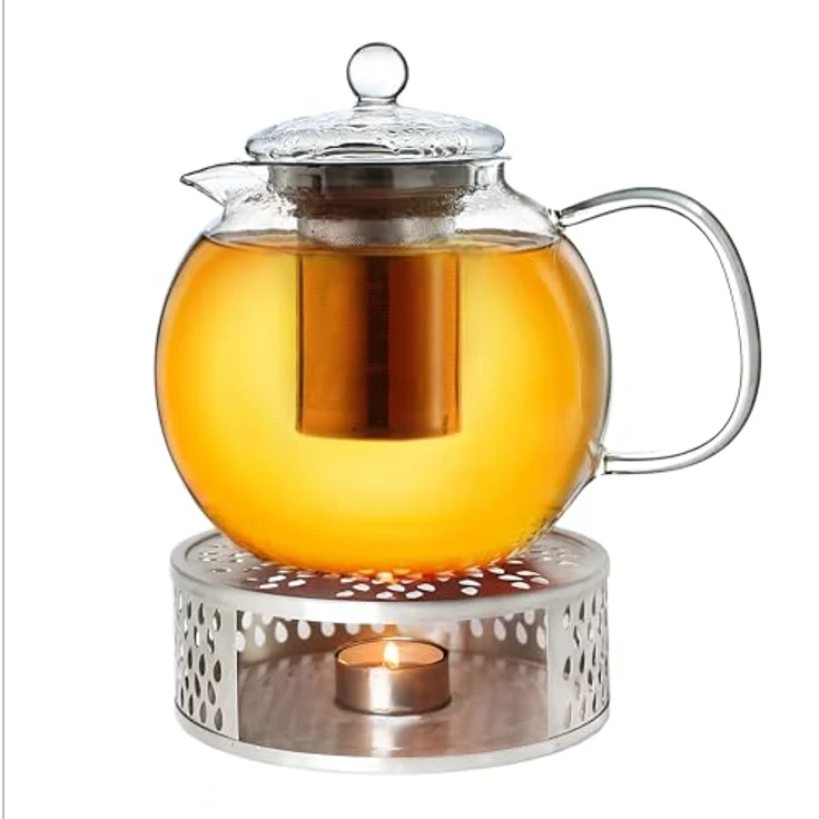 Creano Teekanne Creano Teekanne aus Glas 1,7l + ein Stövchen aus Edelstahl, 3-teilige, (Set, 4-St) – Bild 2