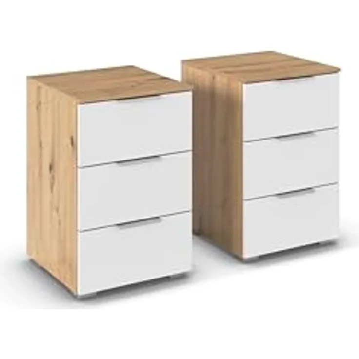Rauch Möbel Alabama, Nachttisch-Paar für Schlafzimmer, Kinderzimmer, Gästezimmer, mit je 3 Schubladen, Soft-Close-Funktion, Farbe Weiß/Eiche Artisan, Holz, Griff Alufarben, Maße 40x61x42cm