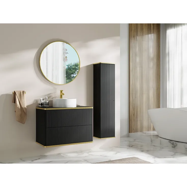 Vente-unique - KELIZA Badezimmersäule und -regal Holz, Platte Schwarz - B 25 cm x H 140 cm x L 35 cm