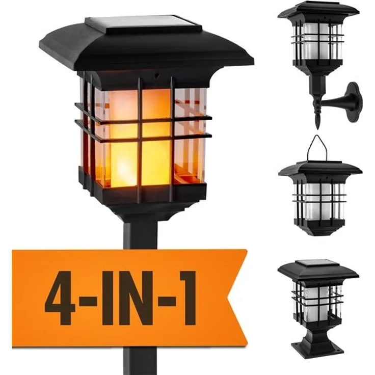 IC Gardenworld LED Laterne 4 in 1 Solar Gartenlaterne mit LED-Licht im Flammeneffekt-Design, LED fest integriert, warm-weiß im Flammeneffekt, zum Stecken, Hängen oder Hinstellen, einfache Montage, kabellos