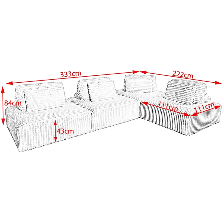 KAWOLA Modulsofa WIOLO SOFT 4 Module 4 Rückenkissen Weicher Breitcord cremeweiß 84 x 222 x 333 cm – Bild 10
