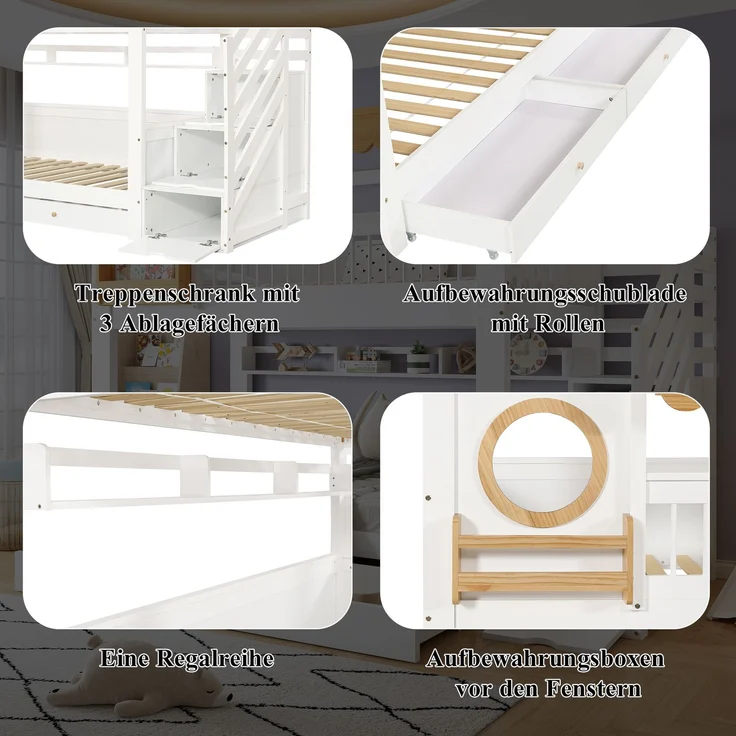 Merax Kinderbett, 90x200cm Jugendbett, Etagenbett, Zwei Aufbewahrungsschublade mit Rollen, Mit Treppenschrank, Mit mit einer Reihe von 2 Meter langen Regalen, Seitliche Ablage, Kiefer + MDF, Weiß – Bild 6