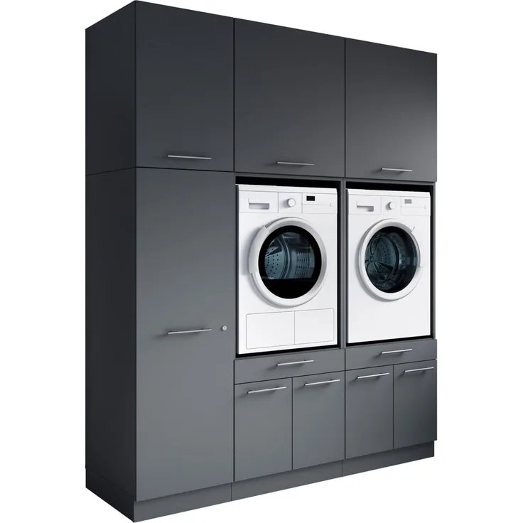 Laundreezy Waschraum Komplett-Set, Anthrazit - Modulares Schranksystem für Waschküche & Hauswirtschaftsraum - 186 x 238 x 68 cm (B/H/T)