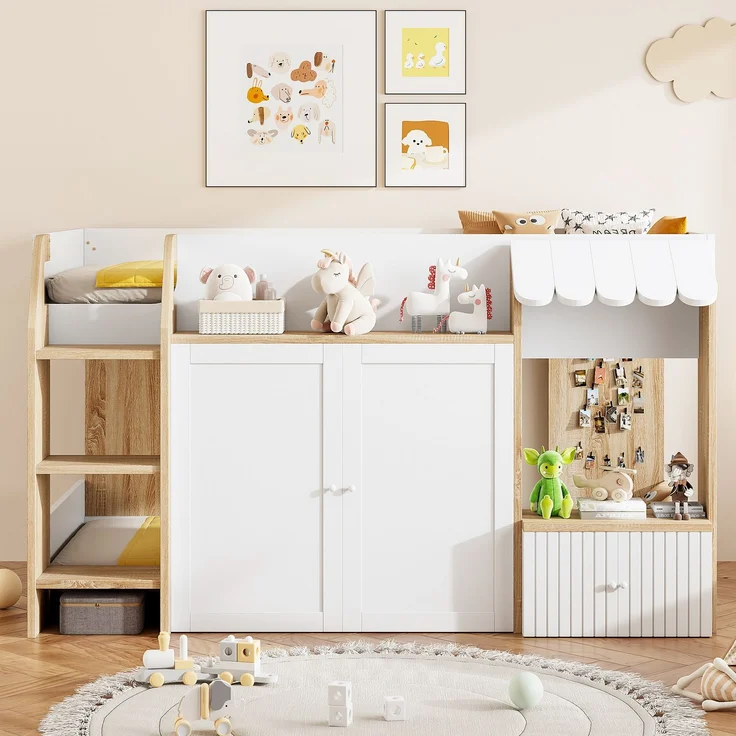 Merax Kinderbett Hausbett 90x200cm, mit offenem Stauraum, mit Kletterleiter, Halbhohes Kinderhochbett, Massivholz-Kinderetagenbett ohne Matratze, Weiß+Holzfarbe – Bild 3
