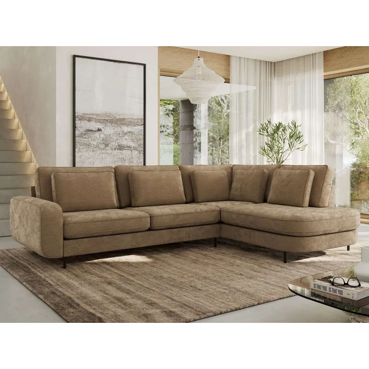 CALENO L-Form Ecksofa 317x225 cm, Massivholz-Rahmen & Wellenfedern, Sitzhöhe 51 cm, modernes Polstersofa rückenecht bezogen & freistehend - Braun Schenille glatt - Rechts Seite