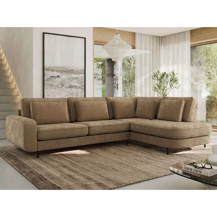 CALENO L-Form Ecksofa 317x225 cm, Massivholz-Rahmen & Wellenfedern, Sitzhöhe 51 cm, modernes Polstersofa rückenecht bezogen & freistehend - Braun Schenille glatt - Rechts Seite – Bild 1