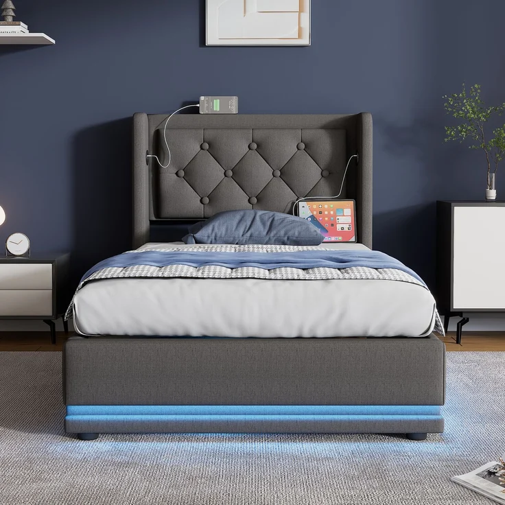 Polsterbett 90x200 cm Grau mit 3-seitiger LED-Beleuchtung, Wingback Kopfteil & USB Typ-C Ladefunktion,hydraulischer Stauraum,inklusive Matratze – Bild 5