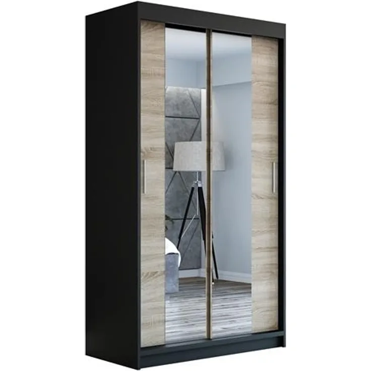 Schwebetürenschrank NEO 2-türig Schrank 120 cm (mit Spiegel) Farbe: Schwarz , sonoma