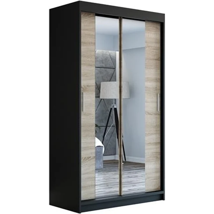 Schwebetürenschrank NEO 2-türig Schrank 120 cm (mit Spiegel) Farbe: Schwarz , sonoma – Bild 1