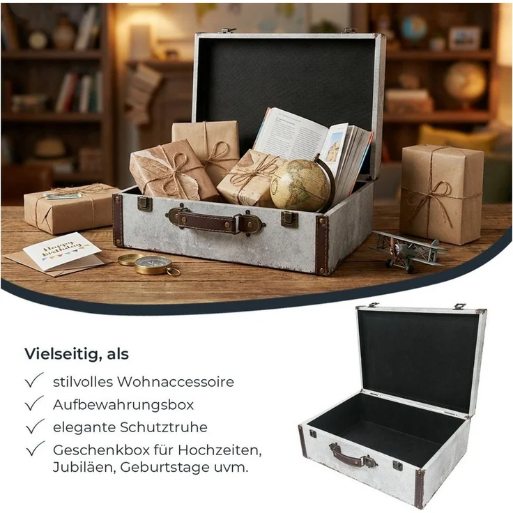 HMF Aufbewahrungsbox Vintage Koffer Holz, Aufbewahrungsbox mit Deckel und Ledergriff als (2er Set), Geschenkidee für Hochzeit oder Geburtstag, Weltkarte, 38 + 44 cm – Bild 3