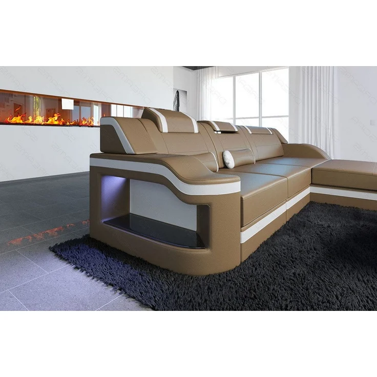 Design Ledersofa Palermo L-Form mit LED - Büffelleder - sandbeige-weiß - Rechts – Bild 5