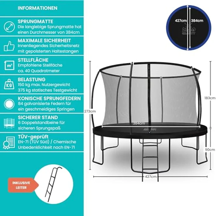 Zero Gravity Outdoor Trampolin Ø 427cm, TÜV-geprüftes Gartentrampolin inkl. Leiter und Aufbauvideo, sturmsicher mit gepolsterter Randabdeckung und Sicherheitsnetz – Bild 4
