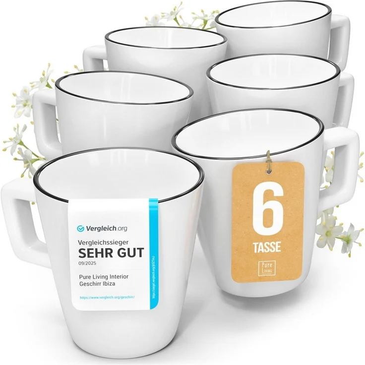 PURE LIVING INTERIOR DESIGN Geschirr-Set Scandi Becher, 6er-Set, 365 ml, Weiß - Schwarzer Rand, Porzellan (6-tlg), 6 Personen, Porzellan – Bild 1