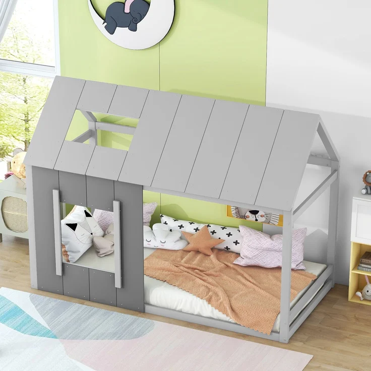 Kinderbett 90x200 cm in Hausform, Montessori Bett mit Dach und Fenster,offenes Design zum Dekorieren, Grau – Bild 3